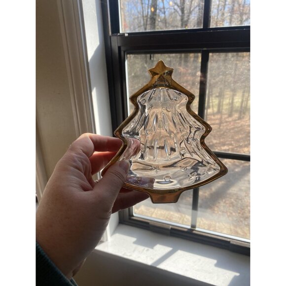 Vintage Glass Christmas Tree Candy Dish With Gold Rim - Picture 2 of 4